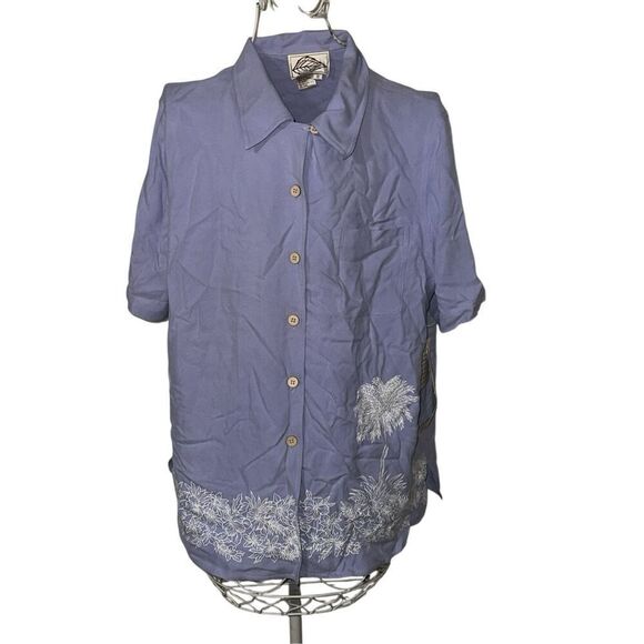 NEW WITH TAGS Natural Elements Womens Size 1X Silk Hawaiian Camp Shirt blue/purp - Picture 3 of 9